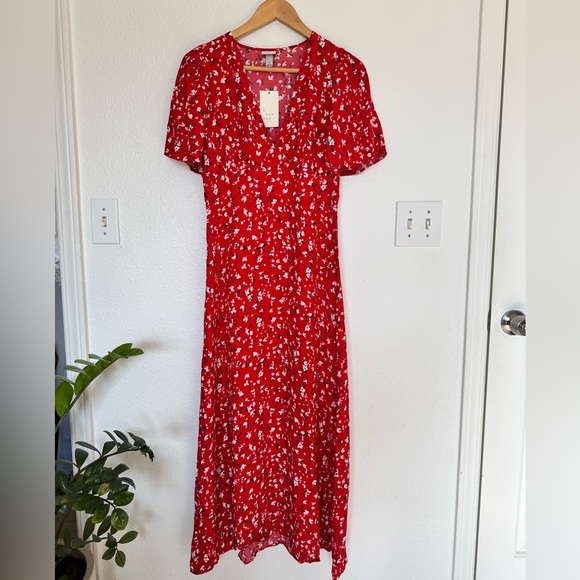 NWT Women’s Red Floral V-Neck Ruffle Sleeve Midi Dress Size 6 - Picture 2 of 8